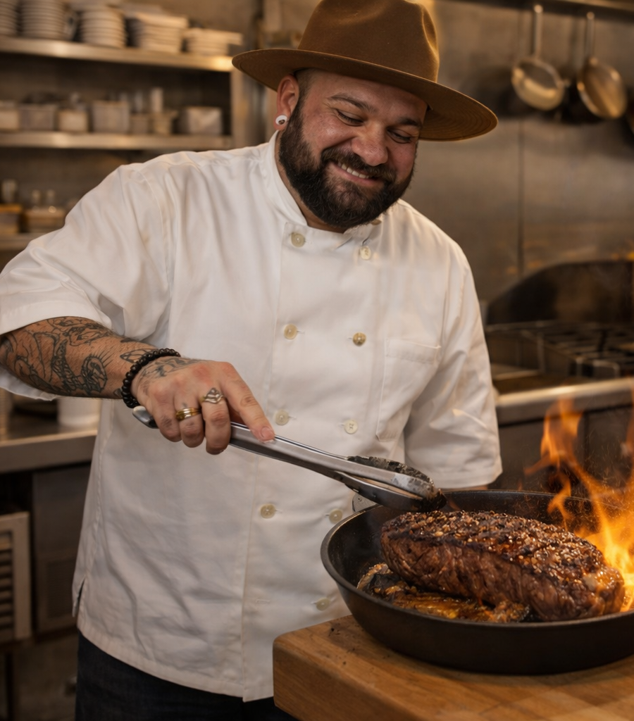 Chris Kavanaugh Chef in Kitchen Preparing Salmon and Steak Dinners - Bianco Classic Golf Tournament Governor Campaign