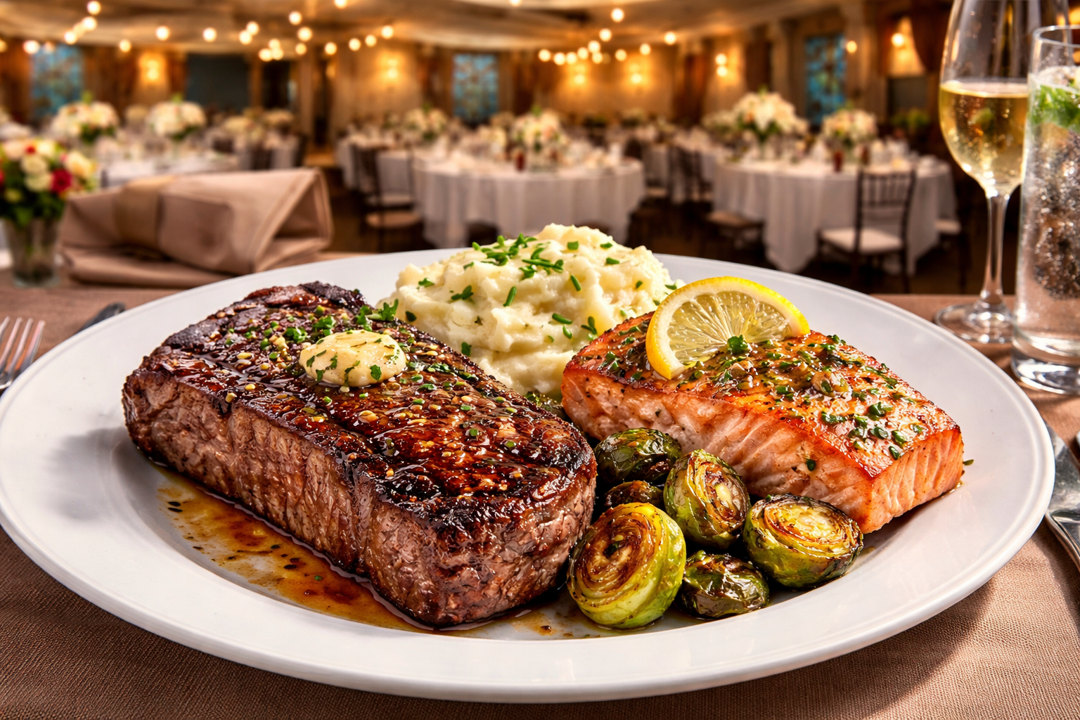 Steak and Salmon Dinner on Plate - Bianco Classic Golf Tournament and Evening with Chad Bianco